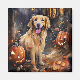 Aimant Halloween Golden Retriever avec la peur Citrouille