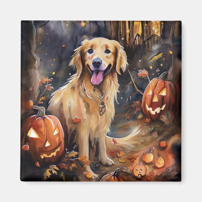 Aimant Halloween Golden Retriever avec la peur Citrouille (Devant)