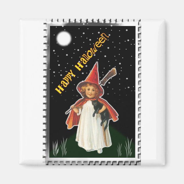 Aimant Halloween - Petite fille avec chambre et chat noir (Devant)