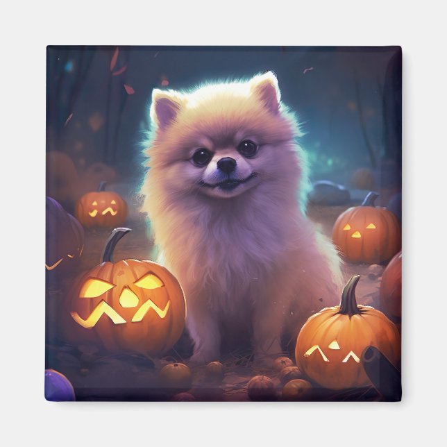Aimant Halloween Poméranien Avec La Peur Citrouille (Devant)