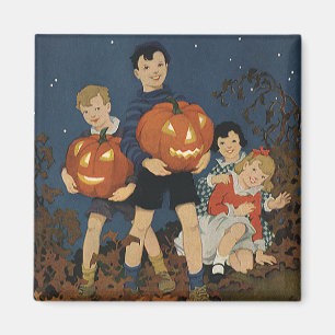 Aimant Halloween vintage, Enfants tenant des Citrouilles
