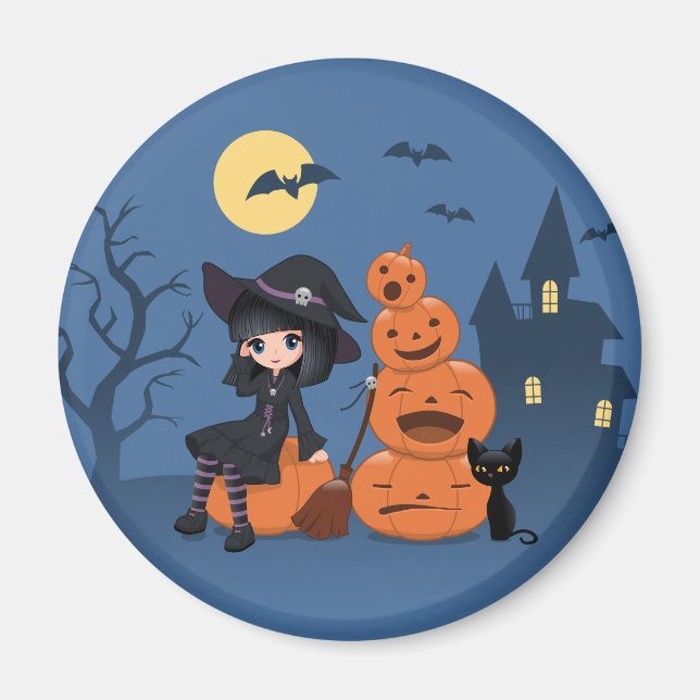 Aimant Halloween Witch, Chat noir et Citrouille (Devant)