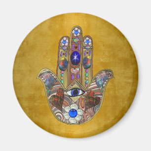 Aimant Hamsa Cœurs Fleurs Opale Art sur Or