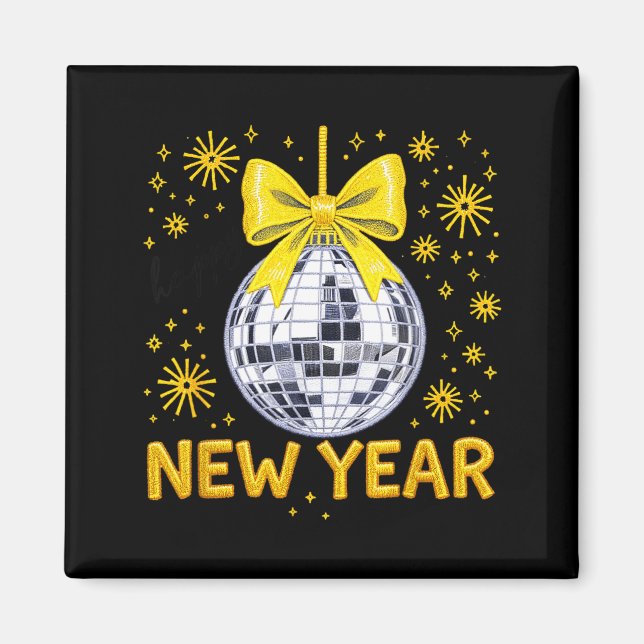 Aimant Happy New Year 2026 Golden Disco Ball Bow New Year (Devant)