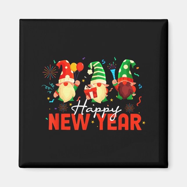 Aimant Happy New Year Three Gnomes Fireworks Confetti Nye (Devant)
