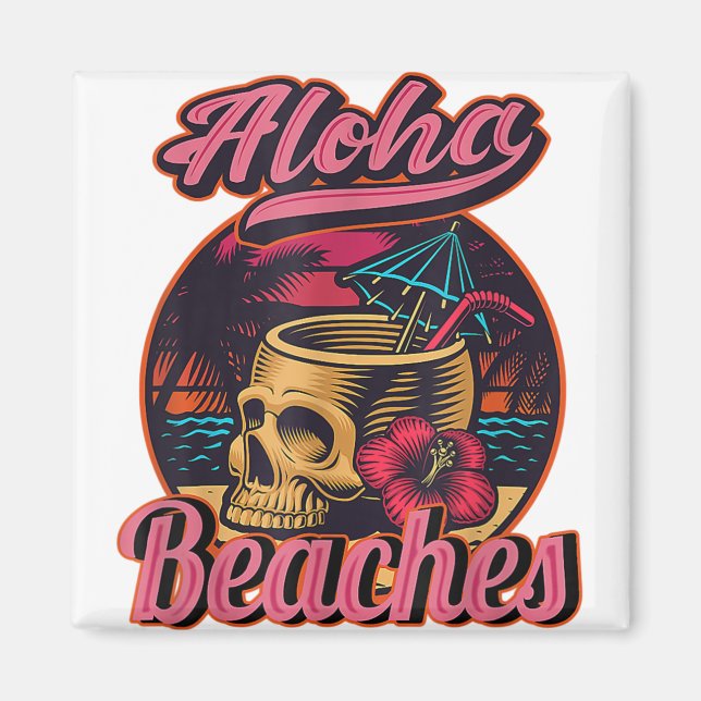 Aimant Hawaii Aloha Plages Tropical Goth Skeleton Skull (Devant)