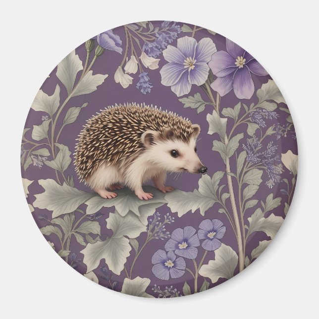 Aimant Hedgehog Purple William Morris Inspired Floral (Devant)