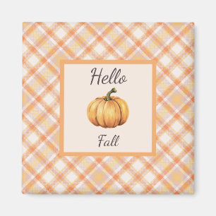 Aimant Hello Fall Orange Rustic Plaid et Citrouille