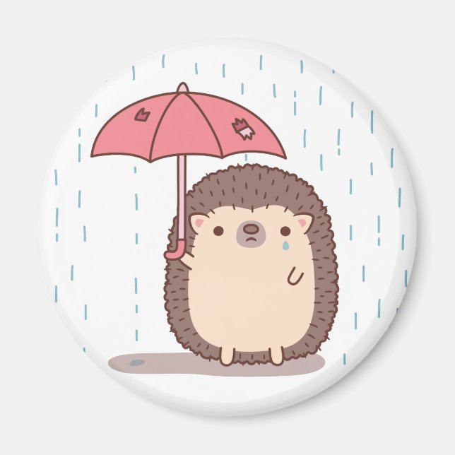 Aimant Hérisson Triste Sous La Pluie Avec Un Parapluie Dé (Devant)