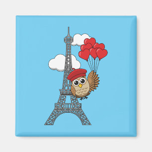 Aimant Hibou volant avec des ballons de coeur à Paris