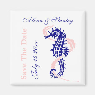 Aimant Hippocampe bleu marine, rose mariage Save the Date