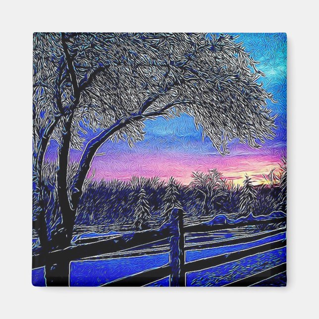Aimant hiver arbres impressionnisme soleil paysage (Devant)