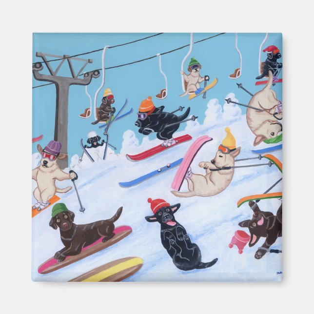 Aimant Hiver Fun Skiing Labradors (Devant)
