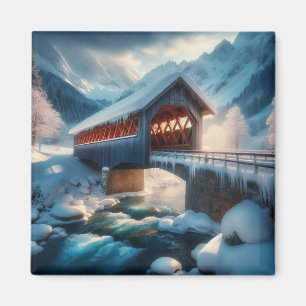 Aimant Hiver, pont enneigé et rivière