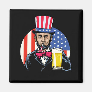 Aimant Homme Abe Lincoln Boit Bière Drôle 4 Juillet