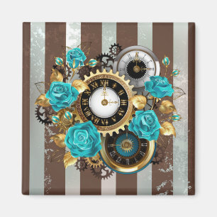 Aimant Horloge Steampunk et Roses turquoise sur bus rayé