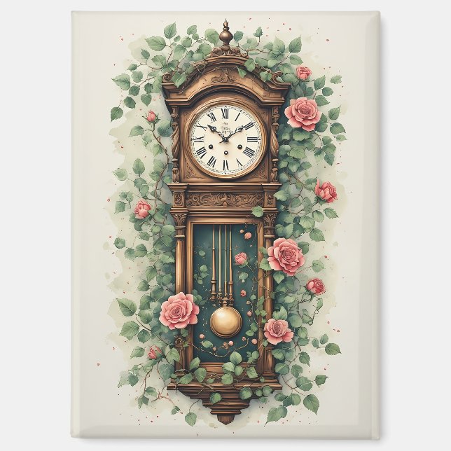 Aimant Horloge Vintage Entourée de Roses et de Vignes (Recto)