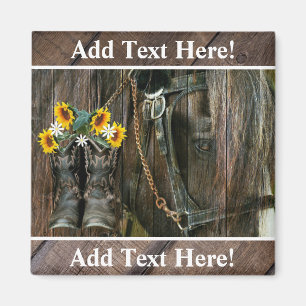 Aimant Horse Cowboy Boots Sunflowers Rustic Barque