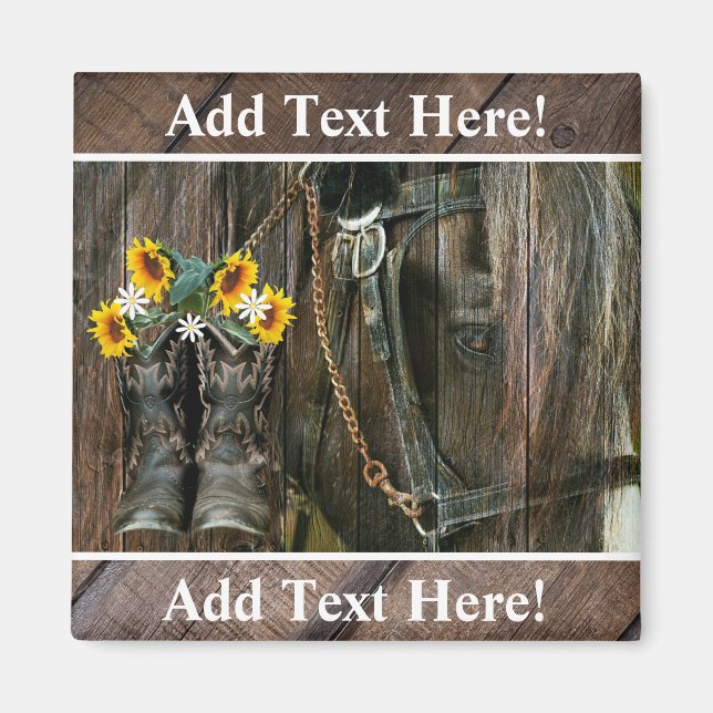 Aimant Horse Cowboy Boots Sunflowers Rustic Barque (Devant)