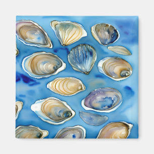 Aimant Huîtres Clams Coquillages Aquarelle Bleu