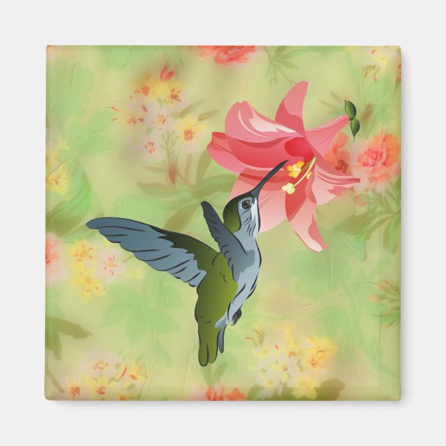 Aimant Hummingbird and Pink Lily on Floral (Devant)