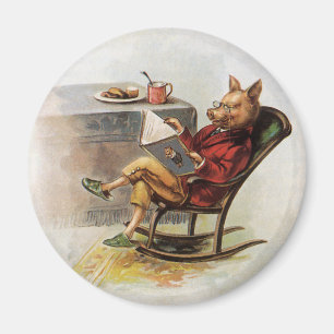 Aimant Humour vintage, Cochon en Rocking Chaise Lire un l