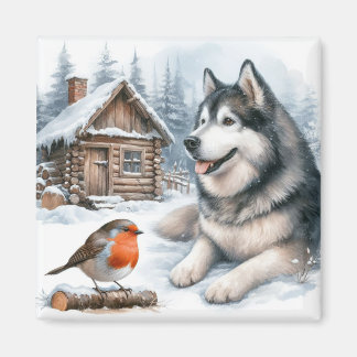 Aimant Husky et robin dans l'aimant de neige, chien de ne