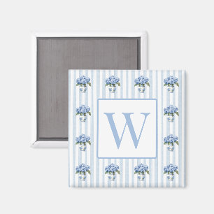 Aimant Hydrangeas Bleus et Blancs sur Monogramme à Rayure