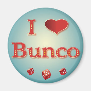 Aimant I Love Bunco en rouge avec des dés rouges