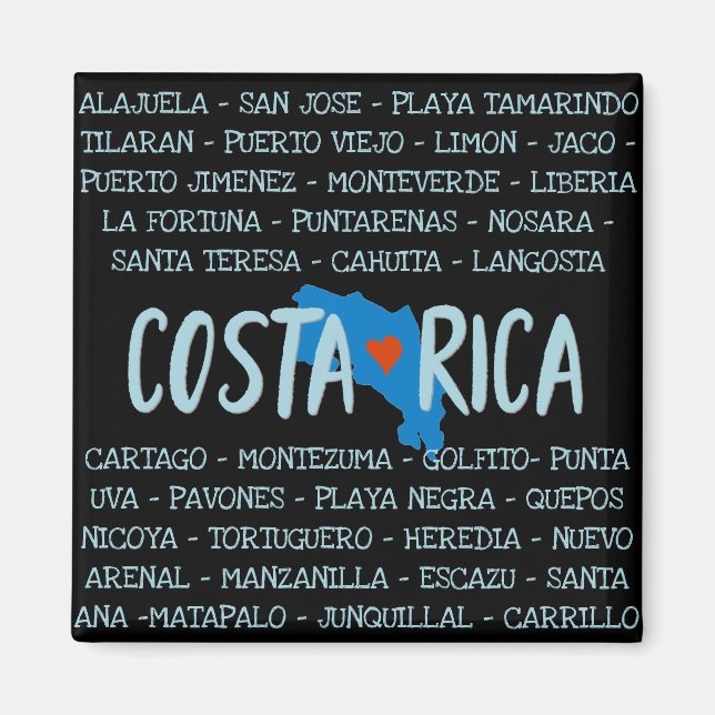 Aimant I Love Costa Rica Carte Noms des villes Souvenir (Devant)