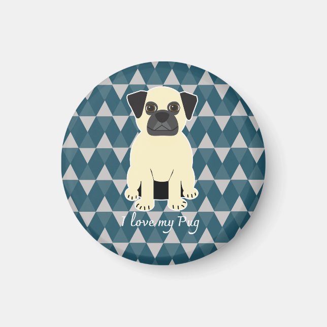 Aimant I love my Pug, Blue diamonds pattern (Devant)