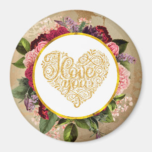 Aimant I Love You Fancy Golden Heart with Floral Frame