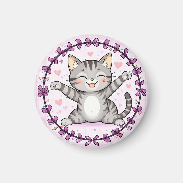 Aimant Illustration de chat de dessin animé heureux (Devant)