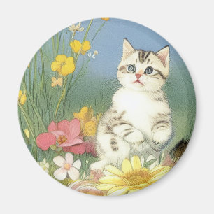 Aimant Illustration de Kitten vintage avec Fleurs Jaunes