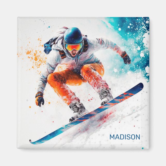 Aimant Illustration de snowboarder de nom personnalisé (Devant)