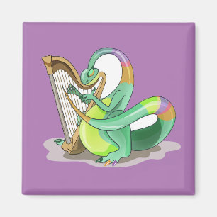 Aimant Illustration D'Un Plateosaure Jouant De La Harpe.