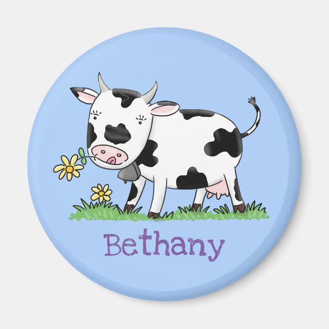 Aimant Illustration d'une vache noire et blanche joyeuse (Devant)