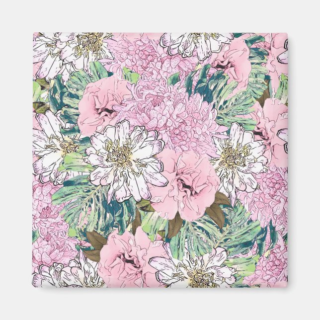 Aimant Illustration florale mignonne rose et blanc (Devant)