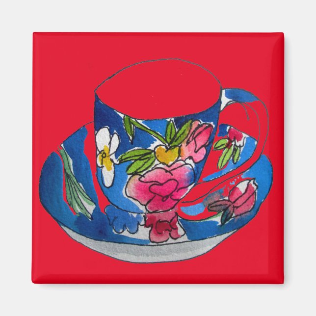 Aimant illustration originale de l'aquarelle Teacups vint (Devant)