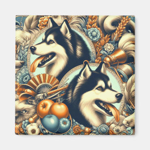 Aimant Illustration Retro Siberian Husky