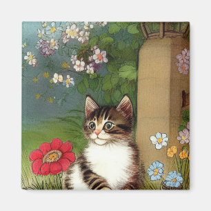 Aimant Illustration vintage de chat avec fleurs de printe