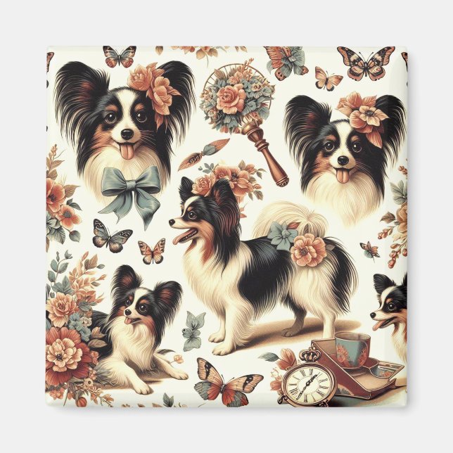 Aimant Illustration Vintage de chien Papillon (Devant)