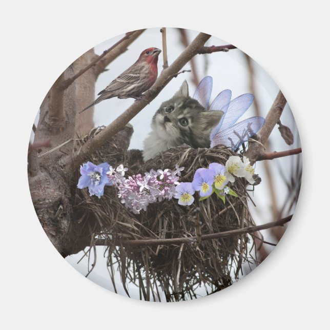 Aimant Imaginaire fée chaton et nid d'oiseaux (Devant)