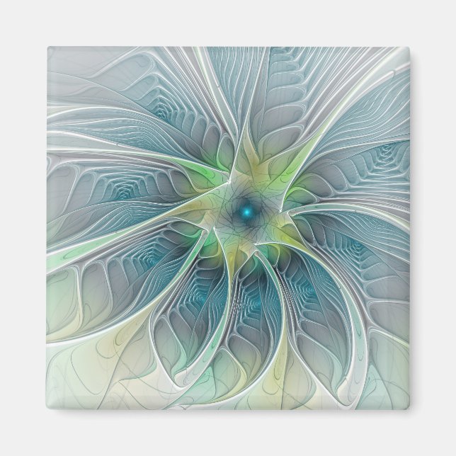 Aimant Imaginaire fleuri Moderne Bleu Vert Fractal Fleur (Devant)