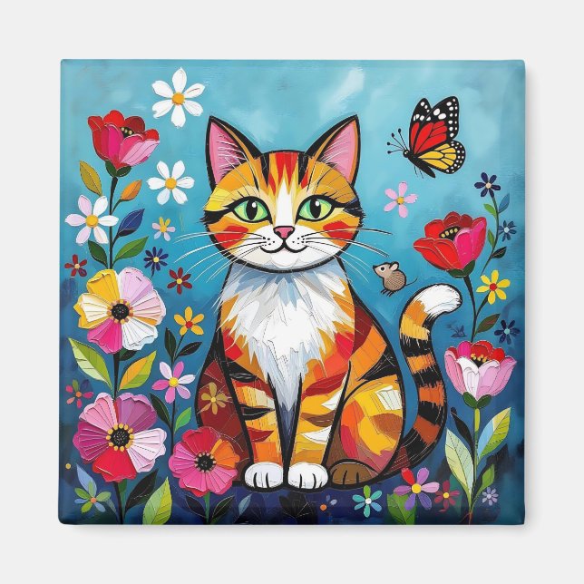 Aimant Impasto Cat, Flowers & Butterfly (Devant)