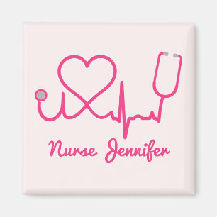 Aimant Infirmière personnalisée rose Nom Stethoscope Coeu