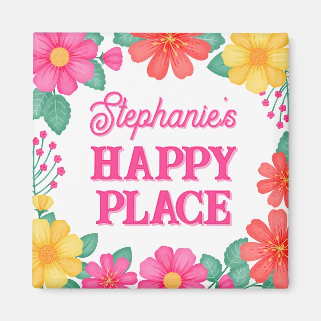 Aimant Inspirationnel Personnalisé Happy Place Floral (Devant)