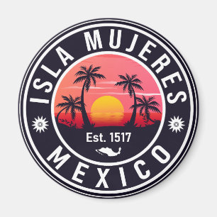Aimant Isla Mujeres Mexique Retro Sunset Souvenirs Palm