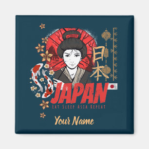 Aimant Japon Vintage Geisha avec drapeau Koi et Lotus Sou