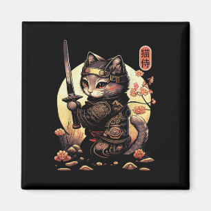 Aimant Japonais Samurai Chat Tattoo, Kawaii Ninja Chat